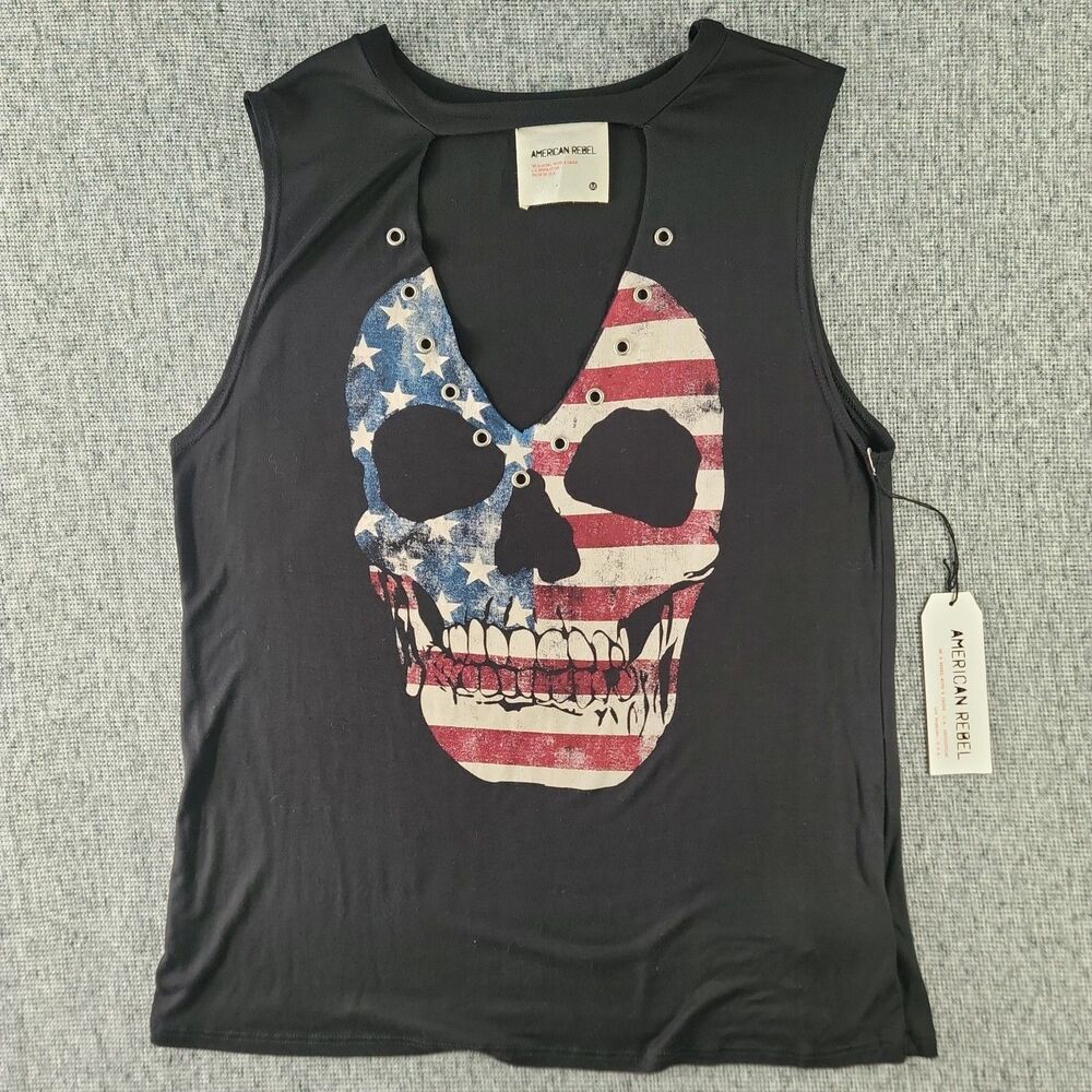 NWT American Rebel Black American Flag Skull Lace Up Cutout Tank Top Size M USA